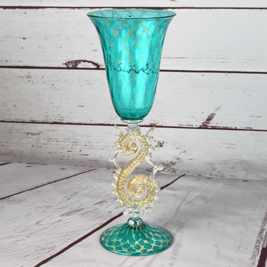 1890 ORIGINALMURANOGLASS Венецианский бокал Аквамарин - муранское стекло с листовым золотом 10 см  - Вид №1