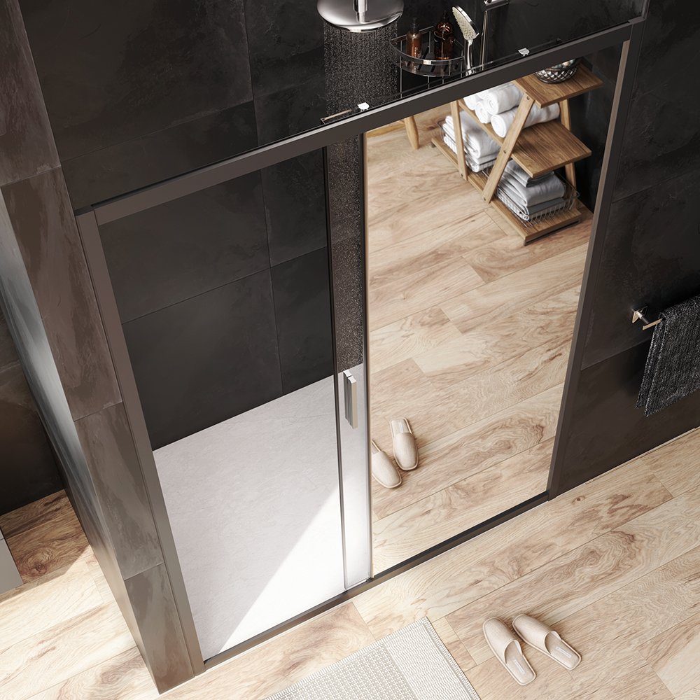 W90G-140-1-195BMir Solo Дверь душевая 140х195 стекло зеркальное профиль черный матовый AM.PM Gem - Вид №1