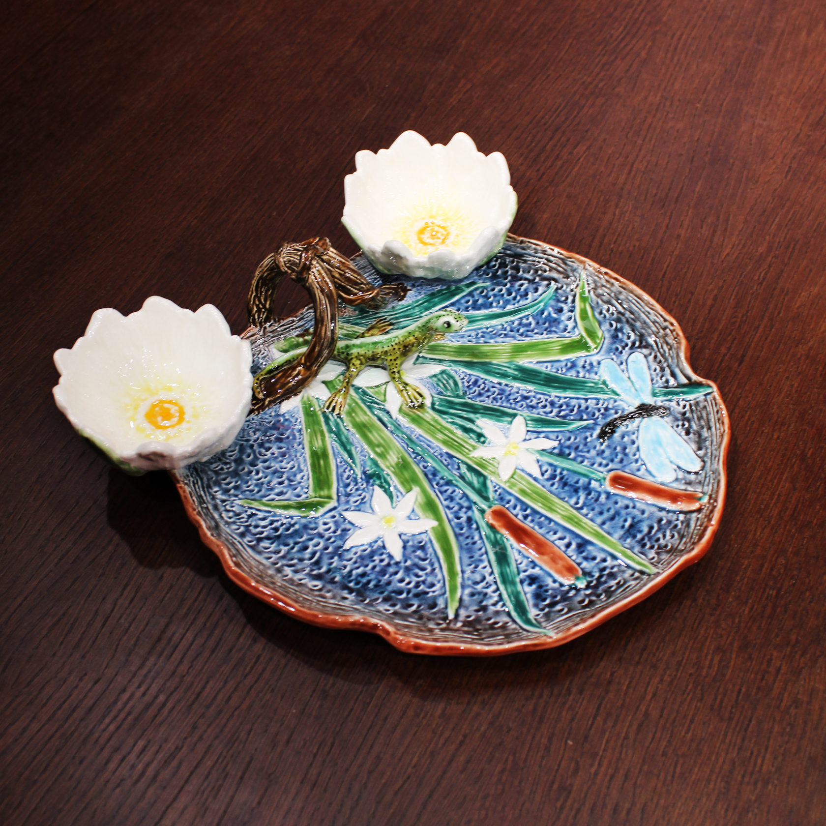 Блюдо для закусок (с двумя кувшинками) Голубой/Ящерица PROVANSFAIENCE sun-id-994524 - Вид №3