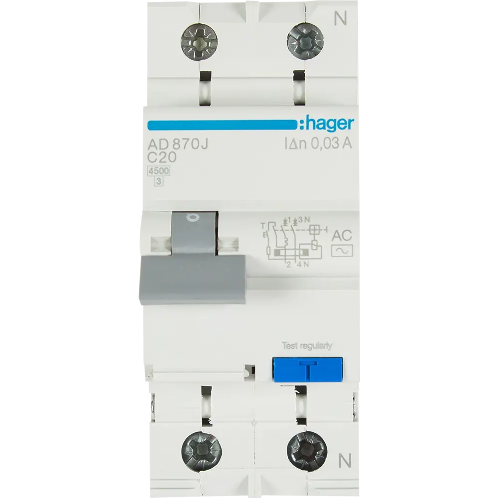 Дифференциальный автомат Hager AD870J 1P N C20 A 30 мА 4.5 кА AC STLM-2132404 - Вид №1