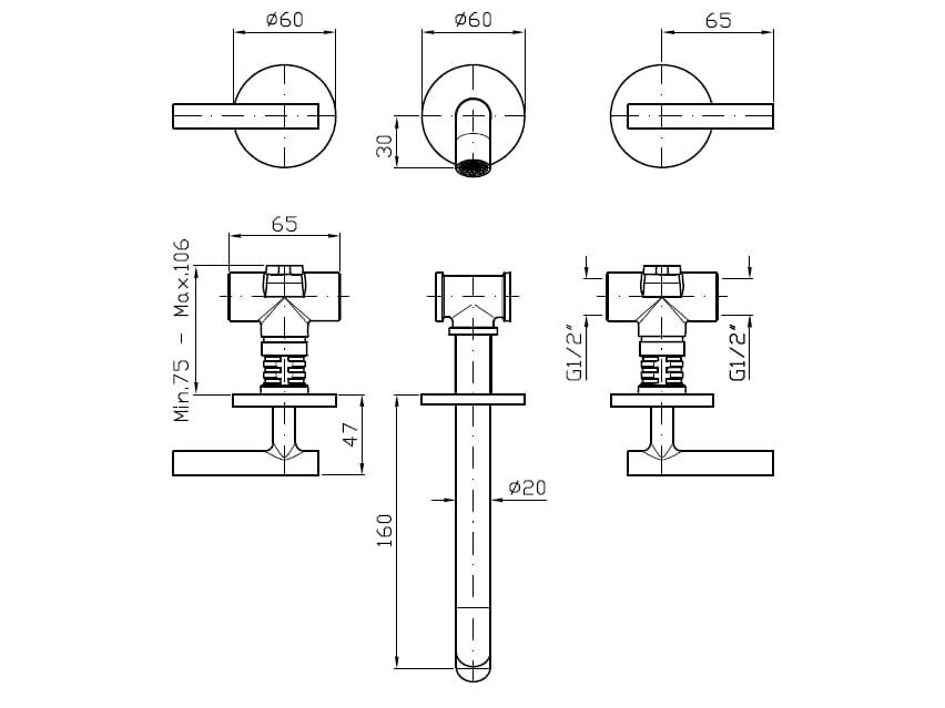 Настенный смеситель для раковины с 3 отверстиями и ограничителем расхода Zucchetti Pan S ARCH-00119468 - Вид №13