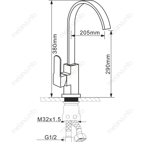 Смеситель д/кухни MELANA-F8112 нерж.сталь, однорычажный, сатин, высокий излив  - Вид №2