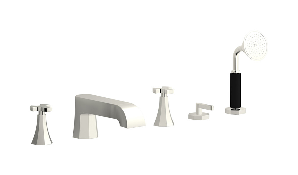 Смеситель на бортик ванной на 5 отверстий с дивертером и душевым гарнитуром. WE ARE IB bt396pl Platinum Belmondo 