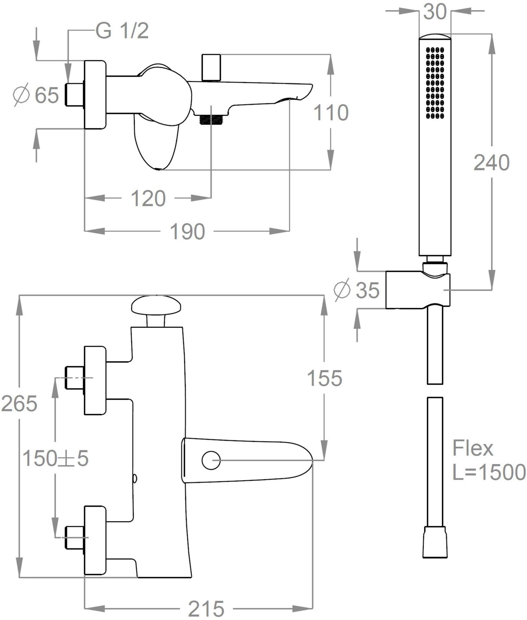 Fir Italia Смеситель для ванны настенный из латуни с ручным душем Synergy open 93 9334017 - Вид №1