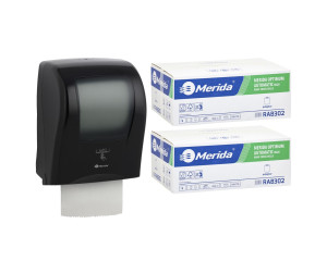 PROMO64 ОДИН черный автоматический бесконтактный диспенсер для полотенец за 200 злотых нетто при покупке 2 коробок полотенец OPTIMUM AUTOMATIC RAB302 (12 x 250 м = 3000 м, 11 760 листов) Merida