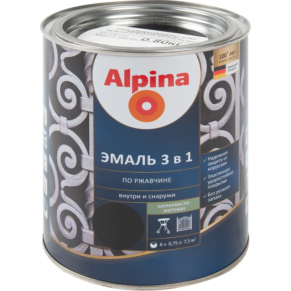 Грунт-эмаль по ржавчине 3 в 1 Alpina полуматовая цвет черный 0.75 л STLM-2015592
