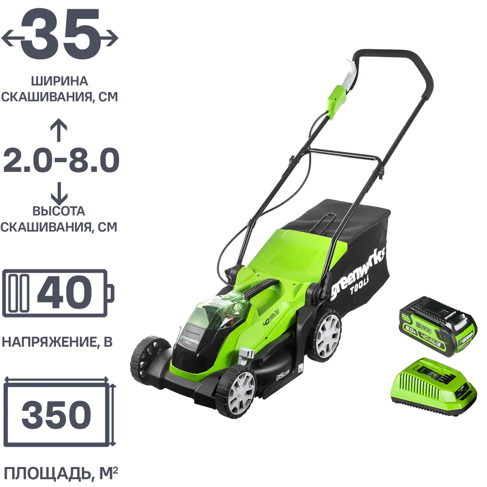 Газонокосилка аккумуляторная GreenWorks 2501907UA 40 В 35 см 1x2 Ач АКБ и ЗУ входит в комплект 80172924 STLM-2153947  - Вид №1