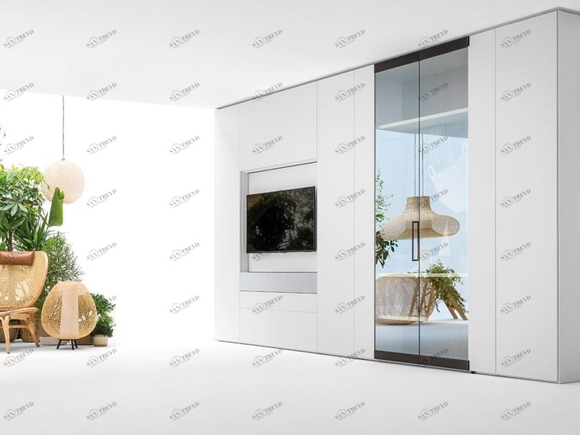 Caccaro Гардероб с открывающейся тумбой под телевизор и полным остеклением Roomy sun-id-1493058