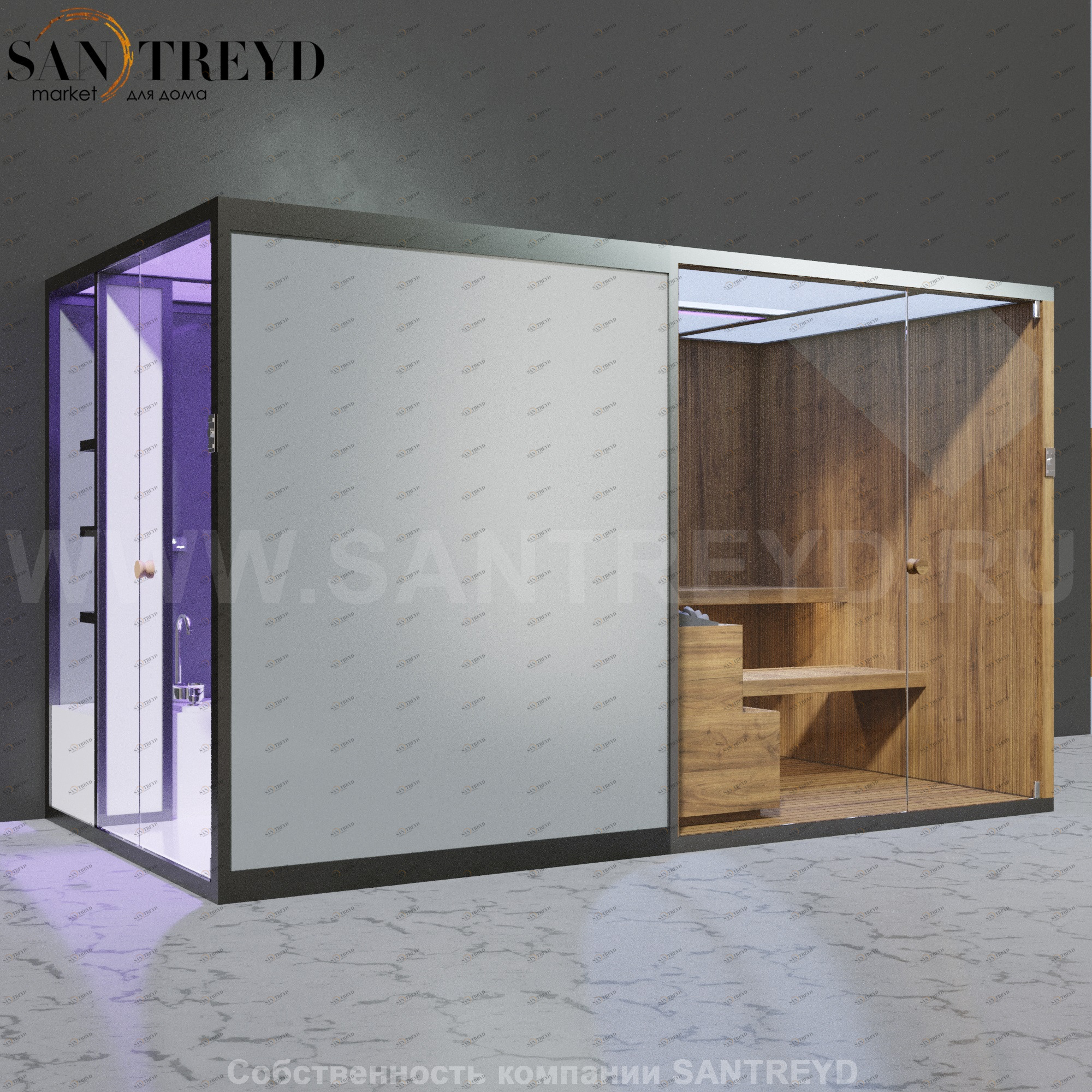 Effegibi BODYLOVE SH BL45230008 Боковая комбинированная баня: хаммам и сауна. Установка: к стене. Мощность: 15 кВт макс. Размеры: длина 393 см, ширина 176 см. Отделка: термообработанная древесина, гладкое стекло.