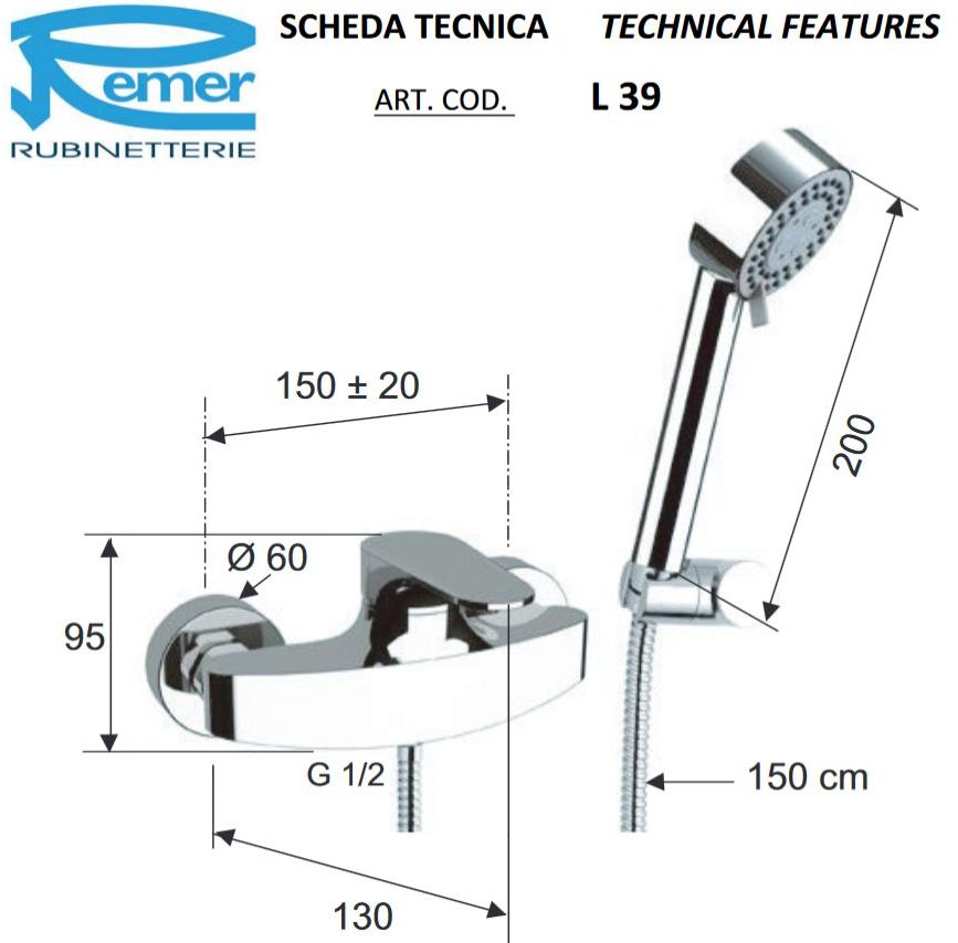 Remer Rubinetterie Смеситель для душа, однорычажный, с ручным душем Class line L 39 - Вид №2