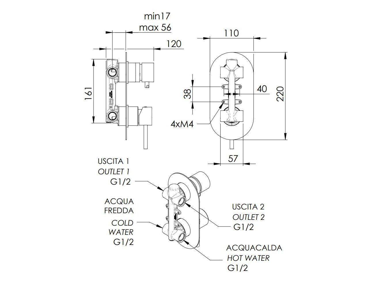 Однорычажный встраиваемый смеситель для душа с переключателем Rubinetterie Mariani Next ARCH-00023025 - Вид №2