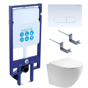Комплект инсталляция с унитазом Aquatek Европа 4 в 1, безободковый с микролифтом, клавиша цвет белый
