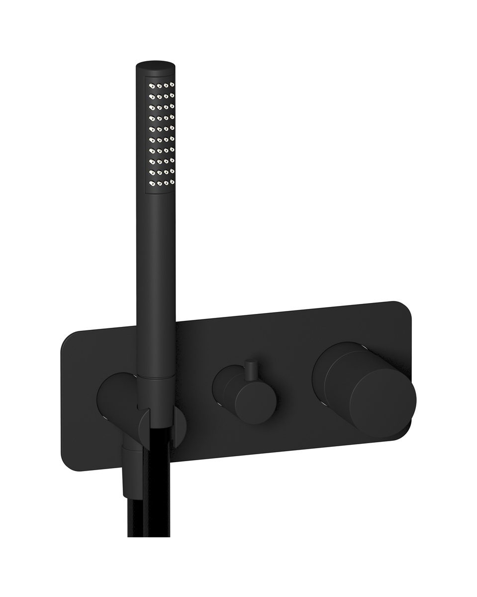 Внешние части встроенного в стену смесителя на 3 потребителя в комплекте с душевым гарнитуром. WE ARE IB rr314np Matt Black Brera