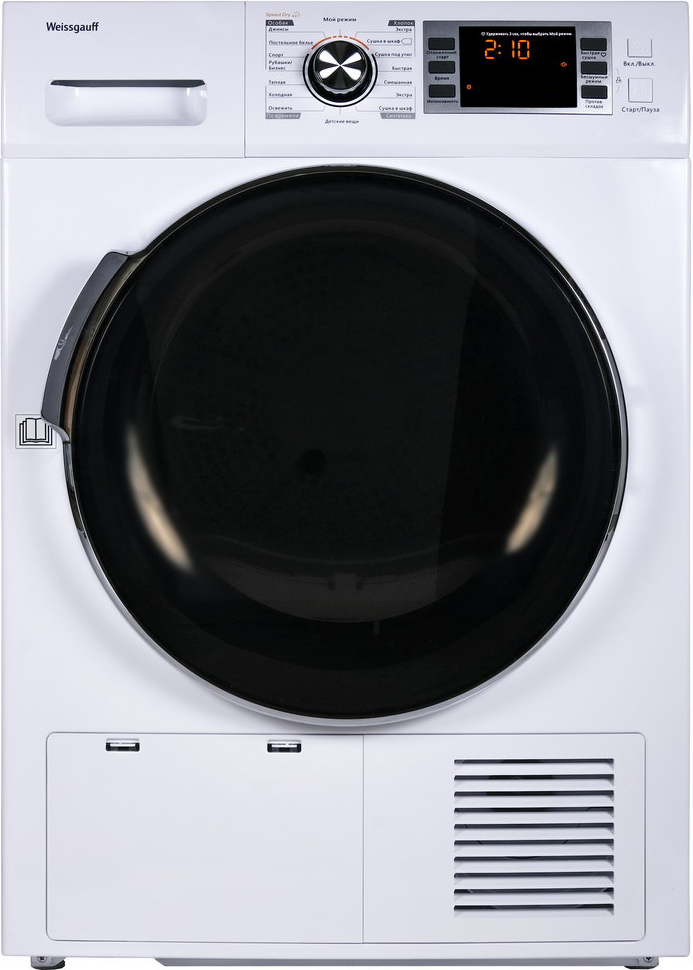 WD 6148 D 595 х 615 х 845 мм., 8 кг, конденсационная система сушки, электронное управление, внутренняя подсветка, кабель 1.5 м., прозрачная дверца, блокировка от детей, 69 дб, угол открытия 180, белый цвет Weissgauff Santreyd 