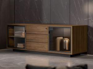 Низкий офисный шкаф из дерева и стекла