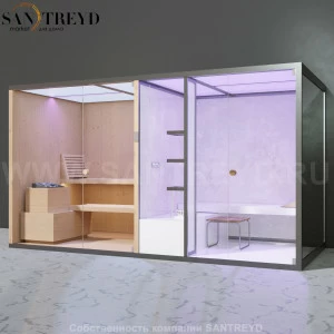 Effegibi BODYLOVE SH BL40110007 Фронтальная комбинированная баня: хаммам и сауна. Установка: к стене. Мощность: 15 кВт макс. Размеры: длина 393 см, ширина 176 см. Отделка: канадский хемлок, светлый керамогранит и зеркало.