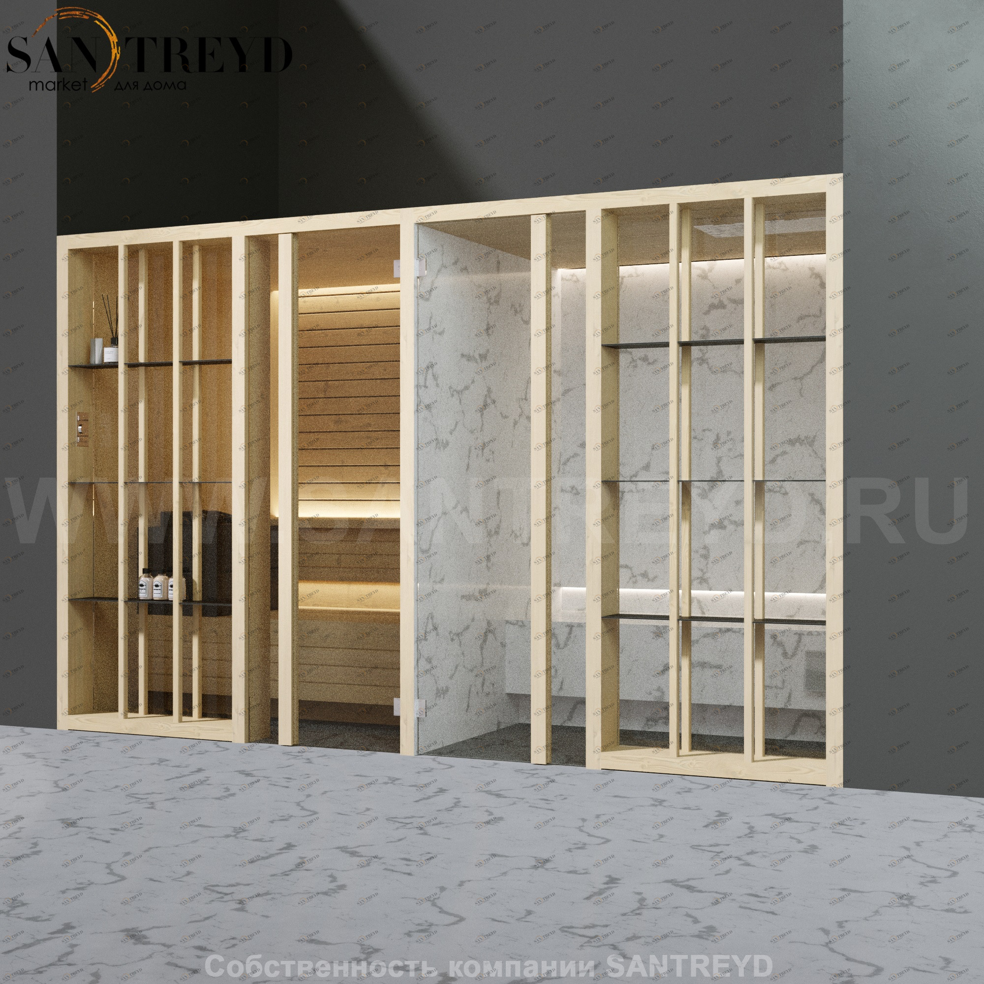 Effegibi YOKU.S SH YO.10110001 Комбинированная баня: хаммам и сауна. Установка: в нишу. Мощность: 10,5 кВт макс. Размеры: длина 342 см, ширина 170 см. Отделка: осина термообработанная и светлый керамогранит YO10110001