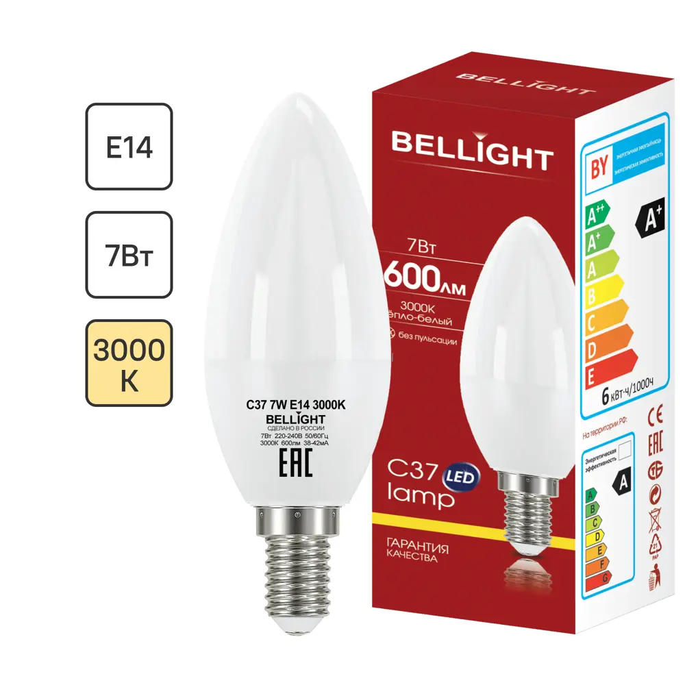 Светодиодная лампа BELLIGHT E14 свеча 7Вт теплый свет для экономного освещения 86170883 STLM-0066663