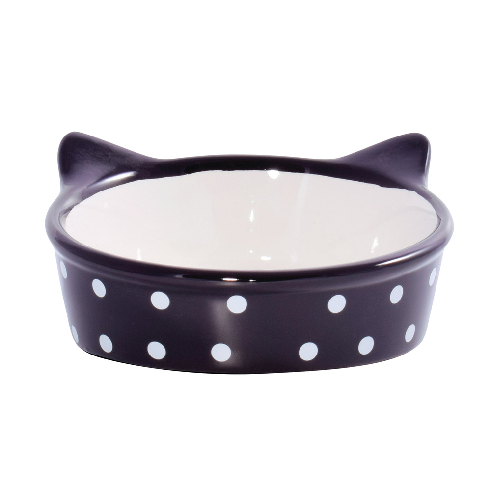 ПР0057366 Миска для кошек керамическая "Мордочка кошки" черная в горошек 250мл КерамикАрт  - Вид №1