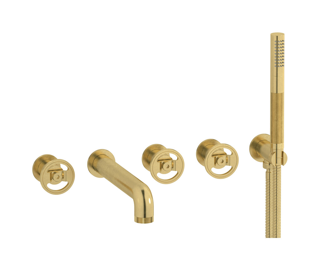 Настенный смеситель для ванной на 5 отверстий с дивертером и душевым гарнитуром. WE ARE IB b1398on Natural Brass Bold