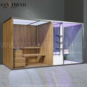 Effegibi BODYLOVE SH BL40230002 Фронтальная комбинированная баня: хаммам и сауна. Установка: в правый угол. Мощность: 15 кВт макс. Размеры: длина 393 см, ширина 176 см. Отделка: термообработанная древесина, гладкое стекло и гладкая термообработанная древе