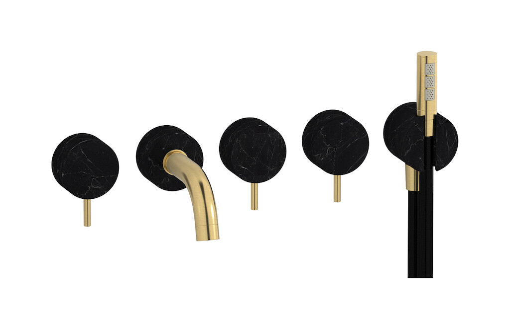 Настенный смеситель для ванной на 5 отверстий с дивертером и душевым гарнитуром. WE ARE IB mr398os_2 Brushed Gold Marmo