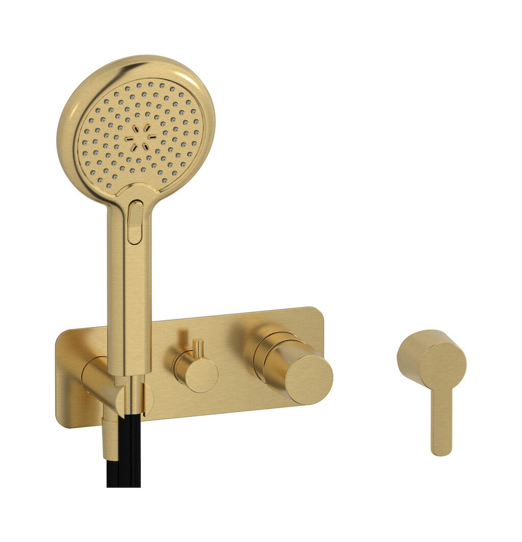Внешние части встроенного в стену смесителя на 2 потребителя в комплекте с душевым гарнитуром. WE ARE IB aa300np Brushed Gold TAAAC