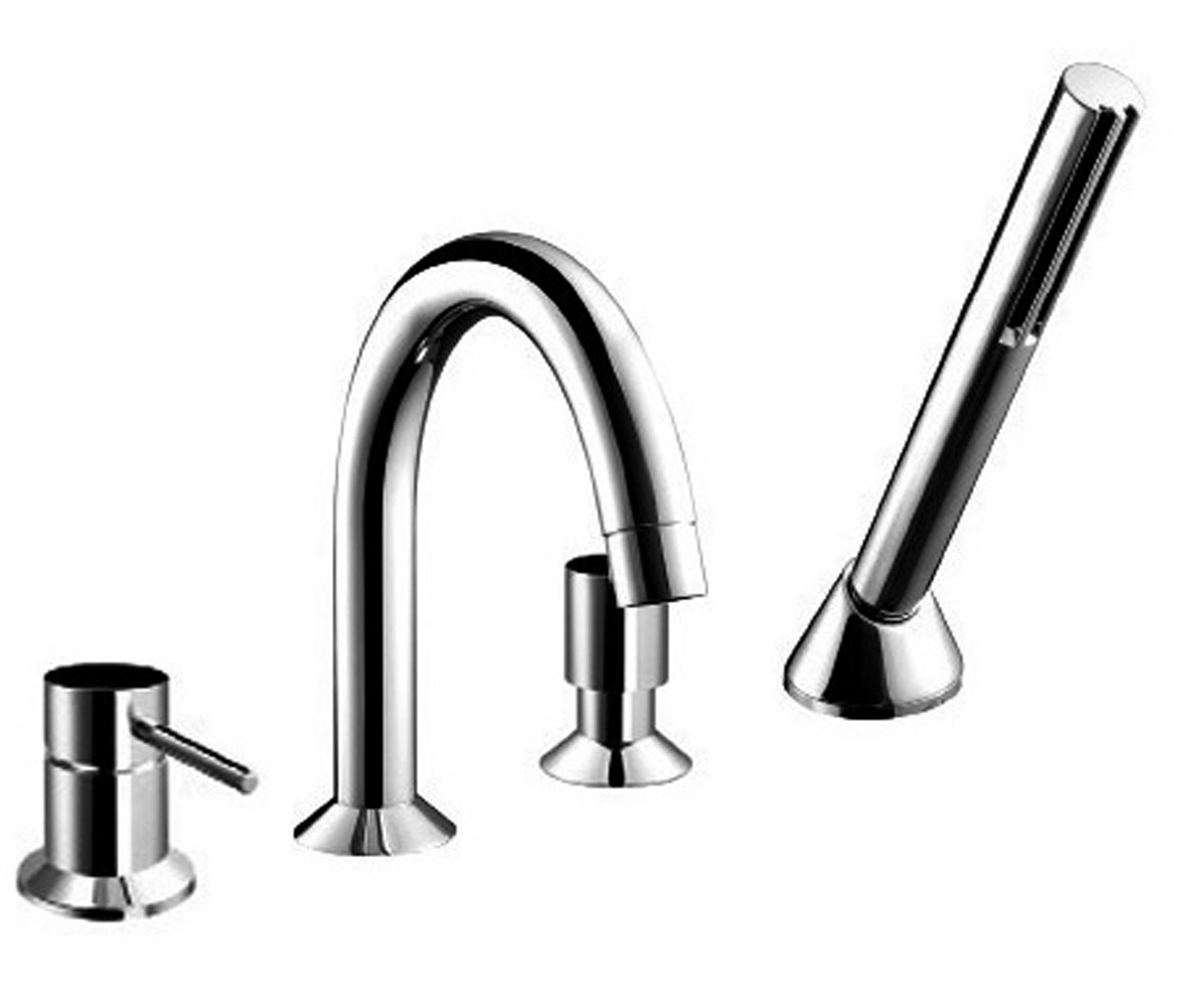 1865  Набортный смеситель для ваннывылет 19,5 см ручки на 4 отверстия переключатель на 2 потока с кнопкой ручная лейка SUN гибкий шланг 150 см впуски 1/2'' подводка Fantini Rubinetti CAFÈ