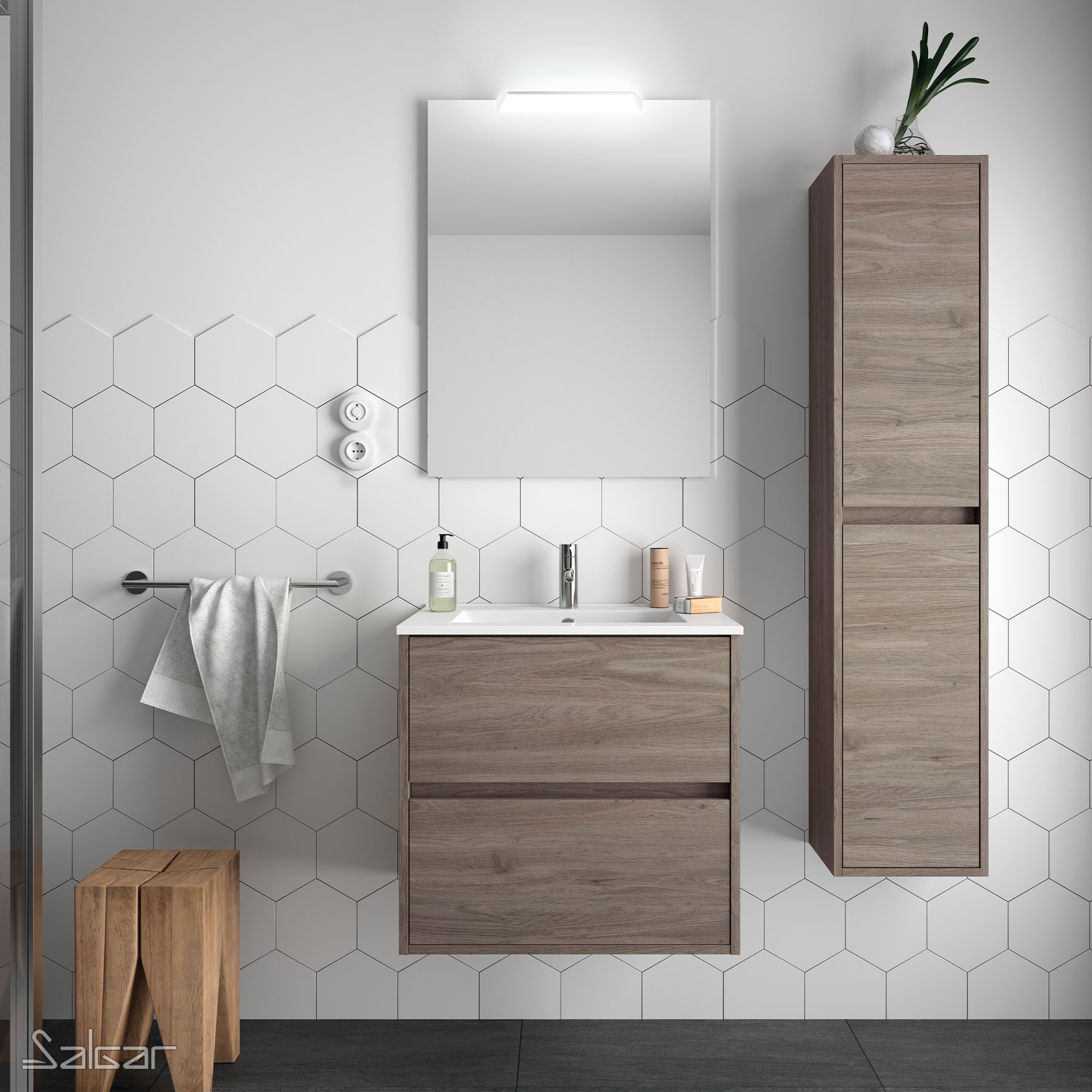 85033 SALGAR Комплект мебели для ванной NOJA 700 ETERNITY OAK + Раковина + Зеркало + Свет Робл Вечность