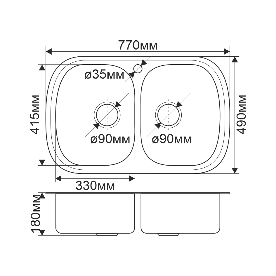 Мойка 7749S MELANA 0,8/180 ИУ 2-я чаша врезная прямоугольная без сифона (229 ti *7) 229 ti (*7) - Вид №1