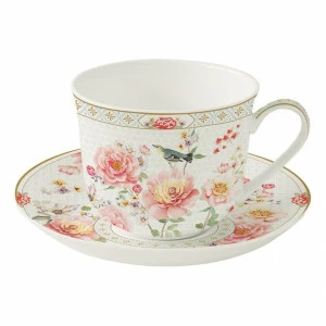 Чашка фарфоровая с блюдцем белая с розовым 600 мл в подарочной упаковке "Райский сад" EASY LIFE РАЙСКИЙ САД 00-3947043 Белый;розовый