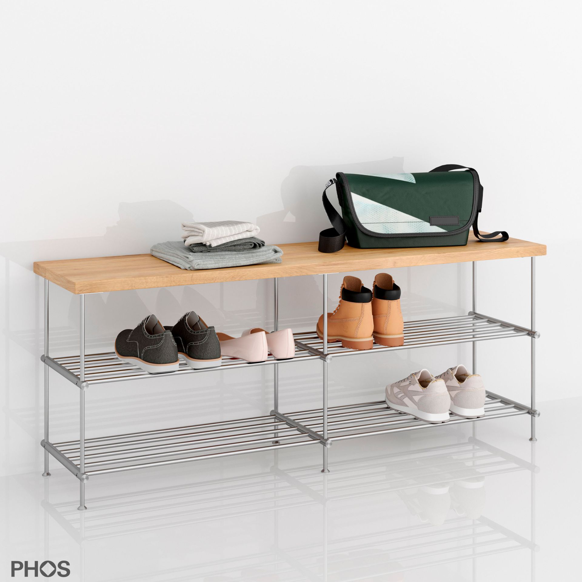 SB1400-2-Eiche Полка для обуви из дуба, 2 секции, 2 уровня, ширина 145 см. PHOS  - Вид №4