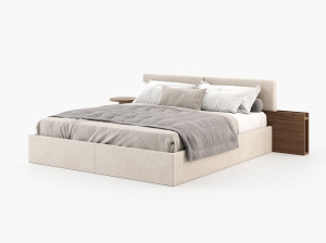 Двуспальная кровать из ткани с мягким изголовьем и встроенными тумбочками