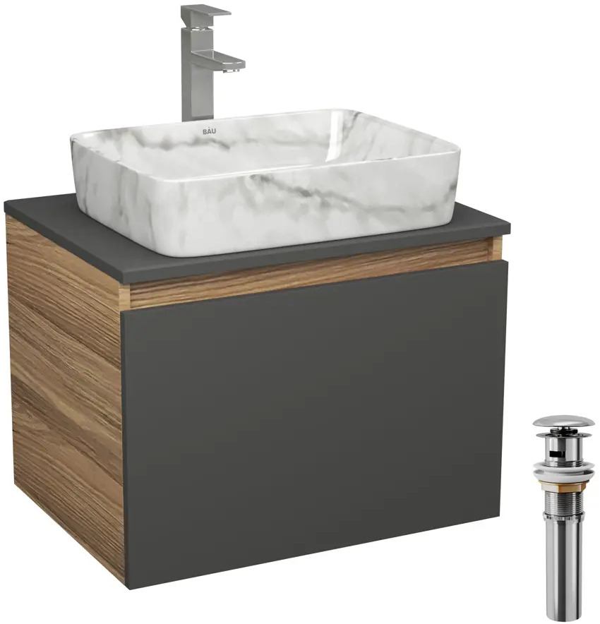 91777637 Комплект: тумба Bauedge Bau Dream Blackwood графит 60 1 ящик раковина прямоугольная BAU Hotel 48х37 мрамор смеситель Hotel Stilвыпуск клик клак хром STLM-0982980