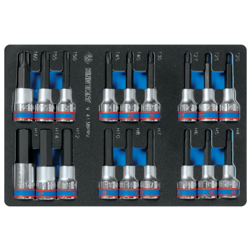 KING TONY Набор торцевых насадок 1/2 TORX, HEX, L = 80 мм, ложемент, 18 предметов Верстакофф 9-4138PRV