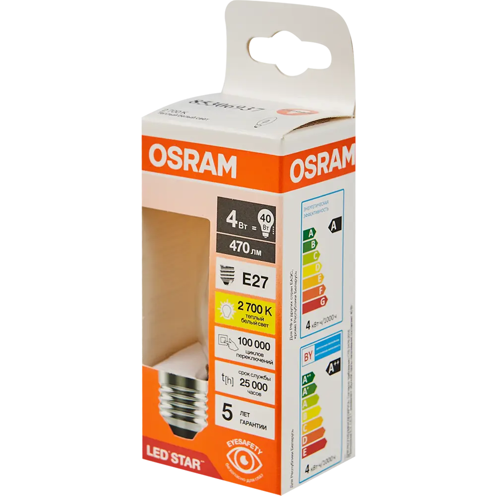 Лампа светодиодная Osram В E27 220/240 В 4 Вт свеча 470 лм теплый белый свет STLM-2096024 - Вид №3