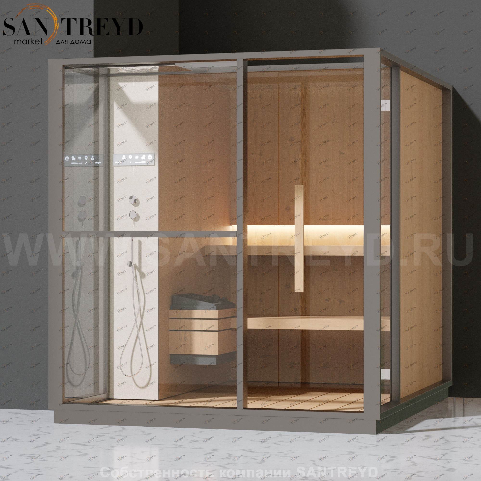 Effegibi LOGICA S LO20010014 Сауна. Установка: в левый  полуугол. Левая дверь. Мощность: 6 кВт макс. Размеры: длина 214 см, ширина 250 см. Отделка: канадский хемлок, матовый лакированный серый аллюминий и бежевый ламинат из керамогранита.