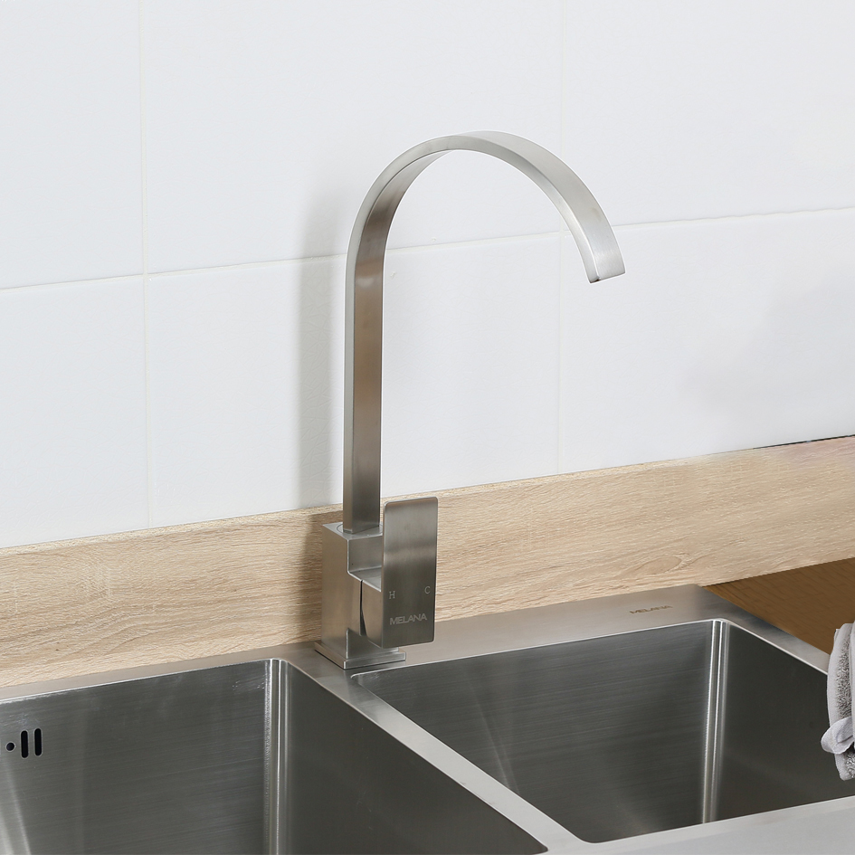 Смеситель д/кухни MELANA-F8112 нерж.сталь, однорычажный, сатин, высокий излив 