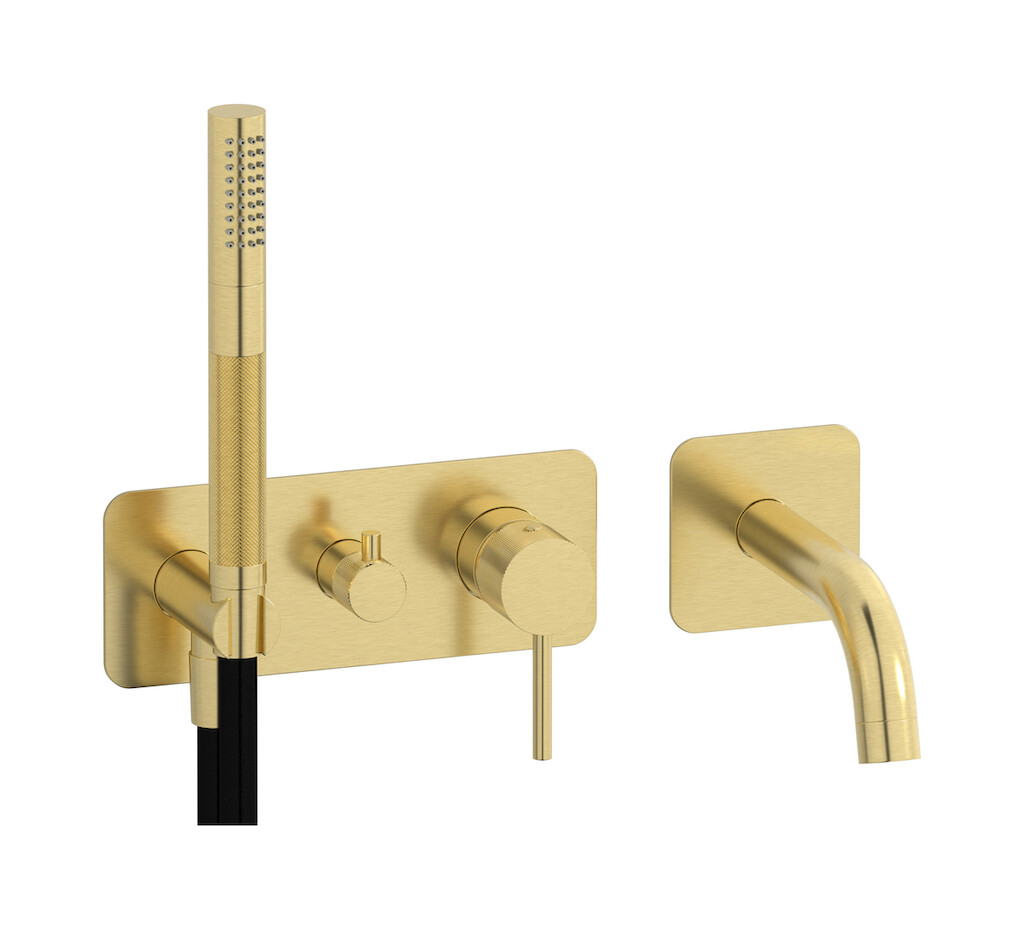 Настенный смеситель для ванной на 5 отверстий с дивертером и душевым гарнитуром. WE ARE IB id398is Brushed Pale Gold Industria