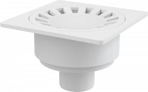 Сливной трап 150×150/50 мм прямой сток, решетка белая, гидрозатвор мокрый