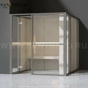 Effegibi LOGICAFILO H LO31010005 Хаммам. Установка: в левый угол. Правая дверь. Мощность: 4,5 кВт макс. Размеры: длина 214 см, ширина 250 см. Отделка: матовый лакированный серый аллюминий и бежевый ламинат из керамогранита.