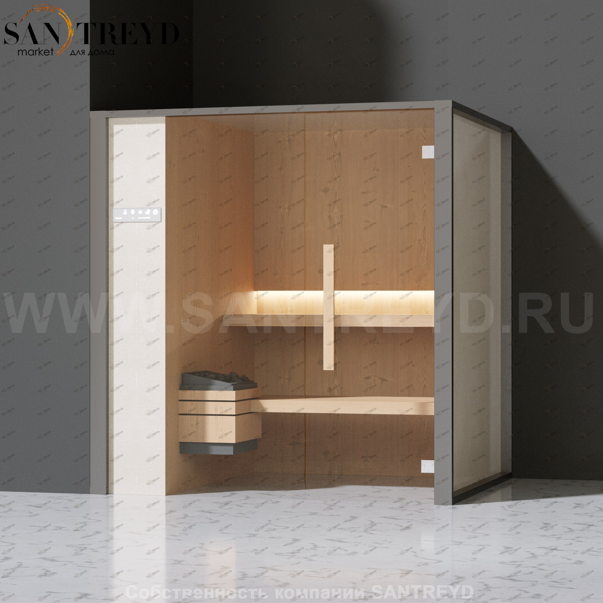 Effegibi ONEFILO S LO51010006 Сауна. Установка: в левый угол. Левая дверь. Мощность: 4,5 кВт макс. Размеры: длина 214 см, ширина 171 см. Отделка: матовый лакированный серый аллюминий и бежевый ламинат из керамогранита.