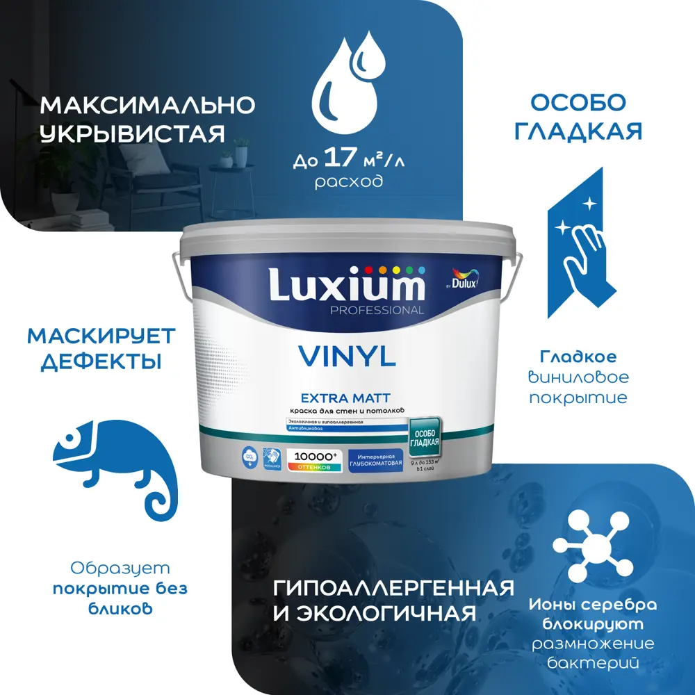 Краска для стен и потолков моющаяся Luxium Vinyl Extra Matt глубокоматовая цвет прозрачный база BC 0.9 л 89425749 STLM-2033516  - Вид №4