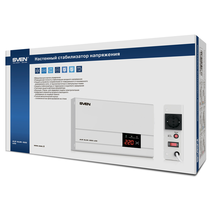 SV-012809 Stabilizer slim-500 lcd, relay, 400w, 500va, 140-260v, the function "pause", single outlet, 2.35 kg Sven Santreyd  - Вид №2