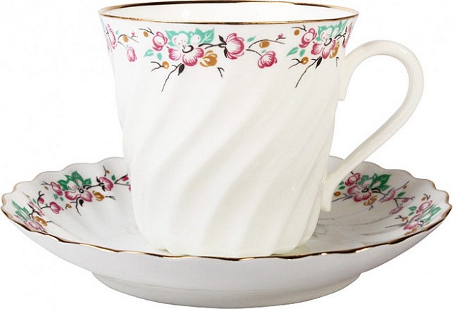 1048197 Императорский фарфоровый завод Чашка с блюдцем "Весенний" "Витая" Фарфор костяной 