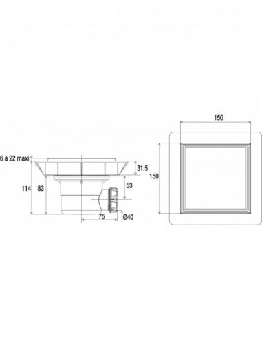 460710 000 00  Напольный трап Quadratto для душа, с регулируемой рамой, облицованной плиткой, горизонтальный слив D 40 мм, крышка из хромированного металла Valentin Хром  - Вид №2