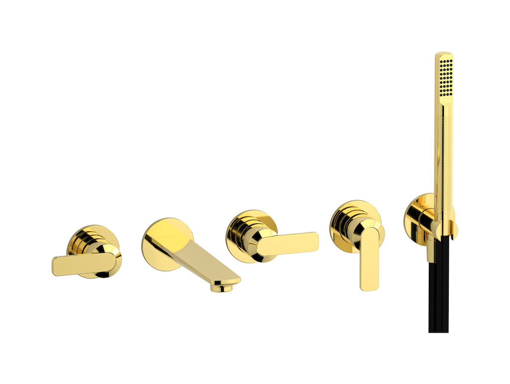 Настенный смеситель для ванной на 5 отверстий с дивертером и душевым гарнитуром. WE ARE IB c6398oo Gold C-67