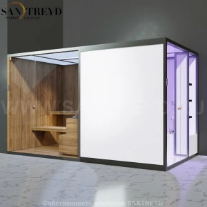 Effegibi BODYLOVE SH BL45250002 Боковая комбинированная баня: хаммам и сауна. Установка: в левый угол. Мощность: 15 кВт макс. Размеры: длина 393 см, ширина 176 см. Отделка: термообработанная древесина без отделки.