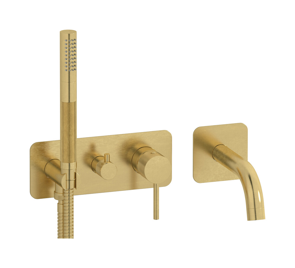 Настенный смеситель для ванной на 5 отверстий с дивертером и душевым гарнитуром. WE ARE IB id398on Natural Brass Industria