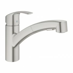 Смеситель для кухни GROHE Eurosmart с выдвижным изливом, низкий излив, суперсталь (30305DC0)
